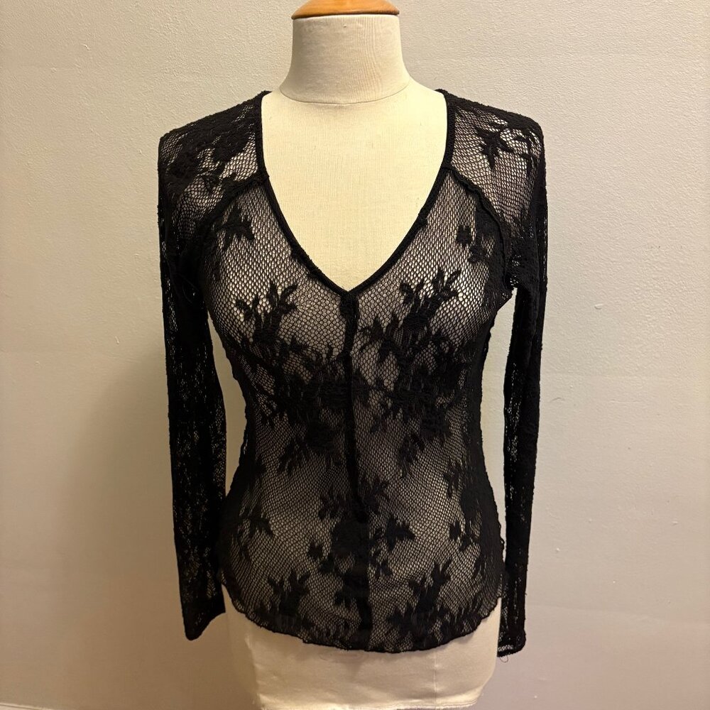 Free People Intimately black stretch mesh lace long sleeve V-neck top